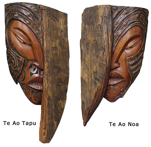 Joe Kemp carved maori masks, totara